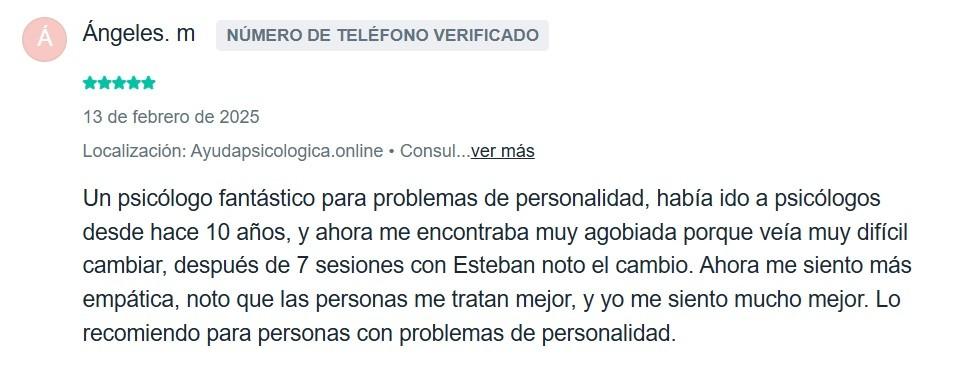 Reseña 5 estrellas psicólogo online trastorno personalidad Angels M AyudaPsicologica.online
