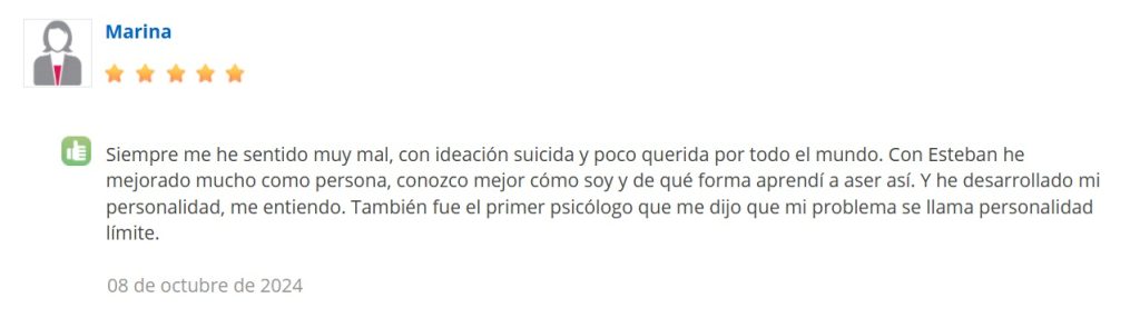 Reseña 5 estrellas psicólogo online especialista TLP Marina AyudaPsicologica.online