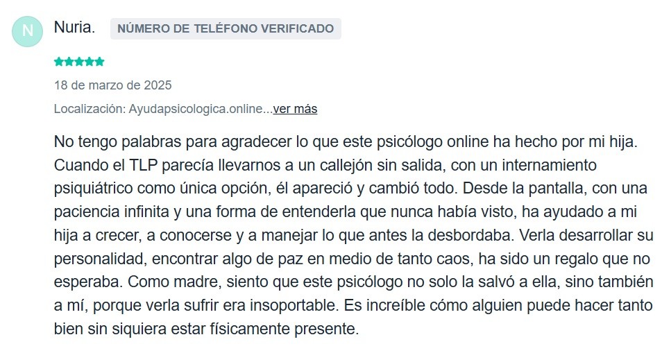 Reseña 5 estrellas psicólogo online ayuda TLP Nuria AyudaPsicologica.online