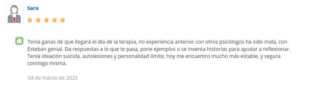 Reseña 5 estrellas psicólogo online TLP autolesiones Sara AyudaPsicologica.online