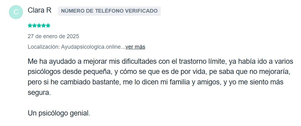Reseña 5 estrellas psicólogo online trastorno límite de personalidad Clara R AyudaPsicologica.online