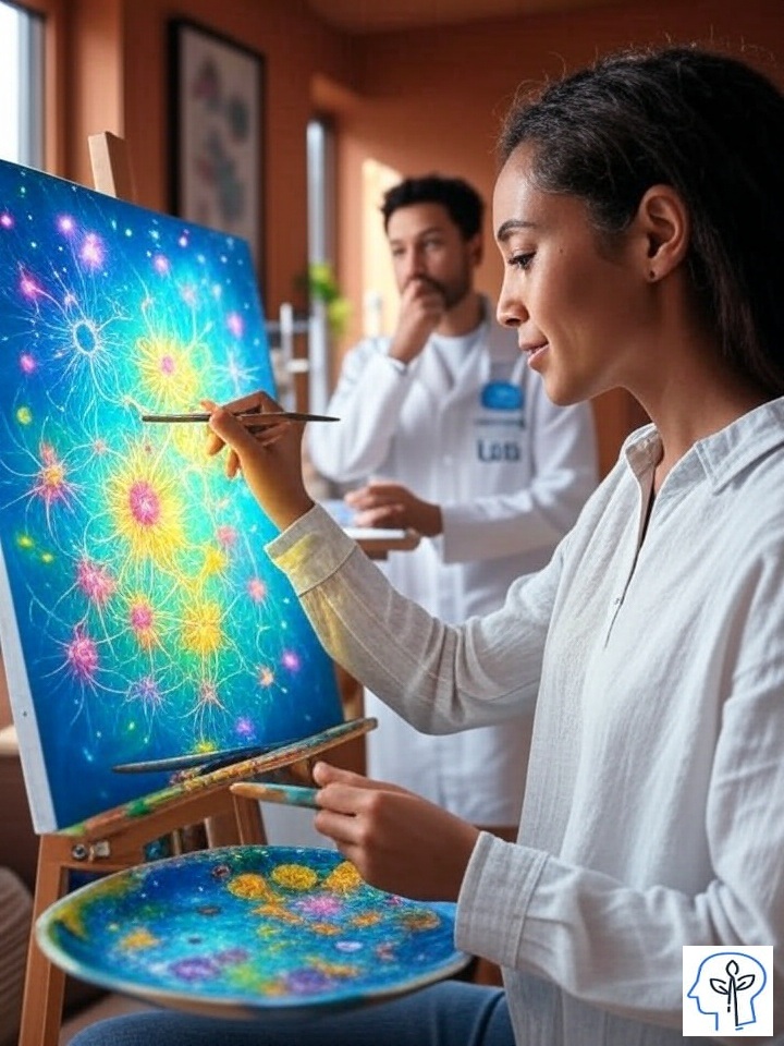 Una mujer pintando un futuro vibrante y esperanzador en un lienzo en una habitación moderna acogedora, con un hombre pensativo de fondo, rodeados de equipo de neurociencia y patrones neuronales, reflejando el estudio de Yanagisawa de 2025 sobre el optimismo.